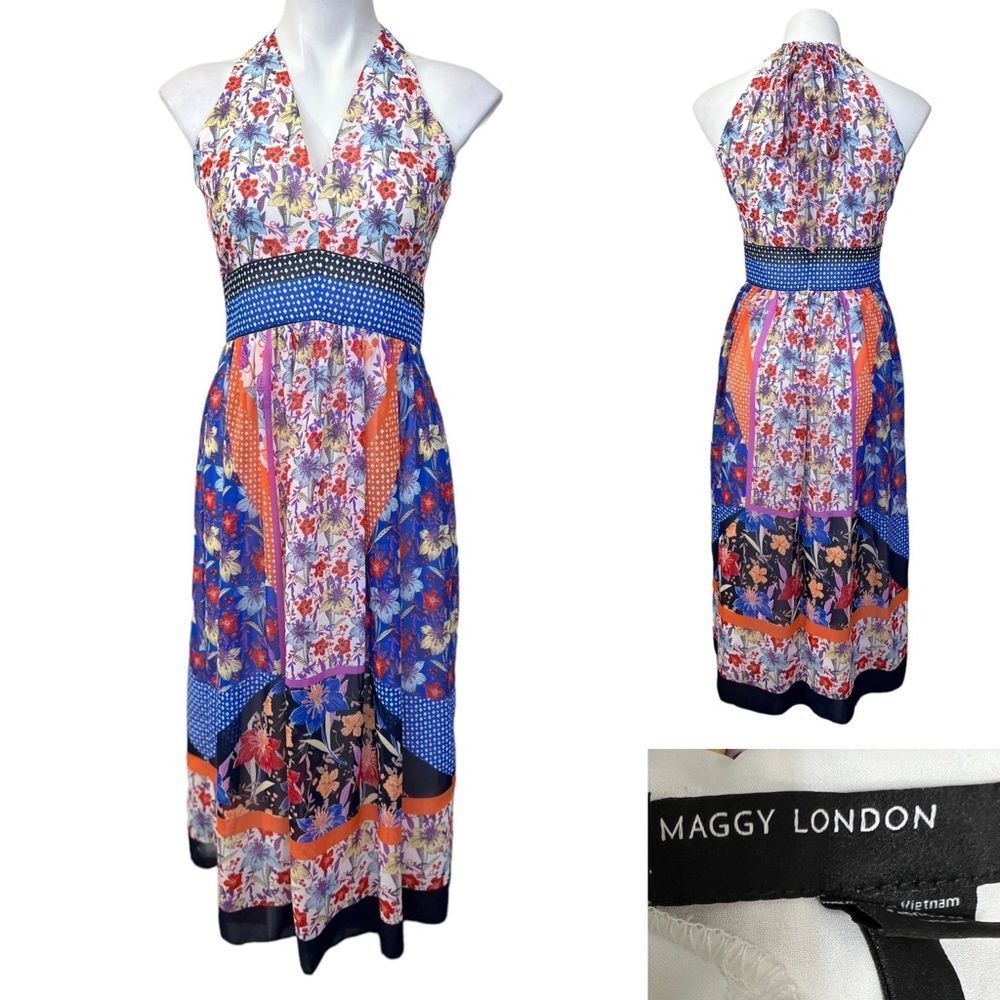 Maggy London Folk Fest Printed Chiffon Maxi Dress, 4, S, Floral Patchwork Lined - Picture 2 of 9